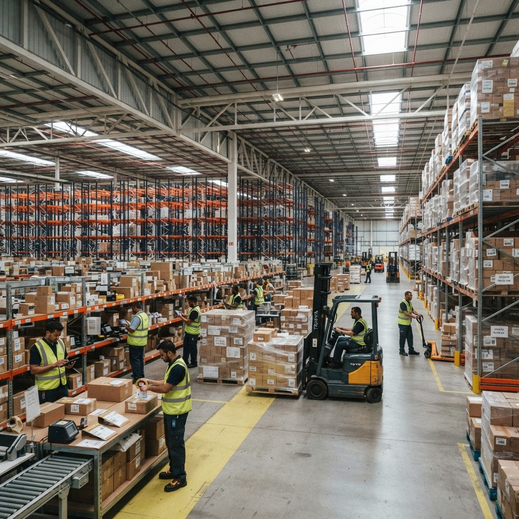 Warehouse staff inspecting and packing export goods